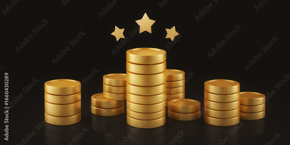 Poster golden coins stacked in piles with three stars above on a dark background render