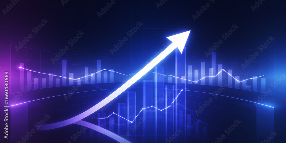 Aufkleber a glowing arrow pointing upward over a bar graph with lines on a dark background