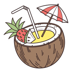 Coconut coctail with straw vector illustration. Tropical drink