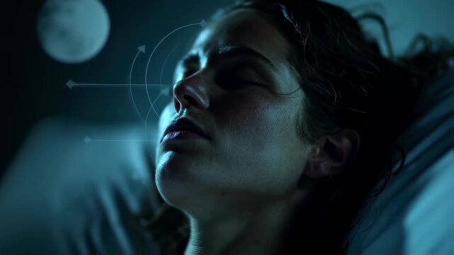 Close medium shot featuring dry mouth on a sleeping figure soft moonlight glow arrows leading to medical connections like dehydration gland disorders and sleep apnea breathing