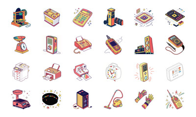 Colorful Vector Illustration Set of Modern and Retro Technology Gadgets – 3D Printer, Battery, Calculator, Gas Station, Microchip, Gaming Console, Weighing Scale, Rotary Phone, Fax Machine, Handheld G
