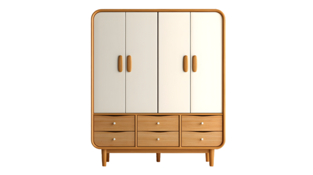 Modern white and wood wardrobe with six drawers and rounded corners
