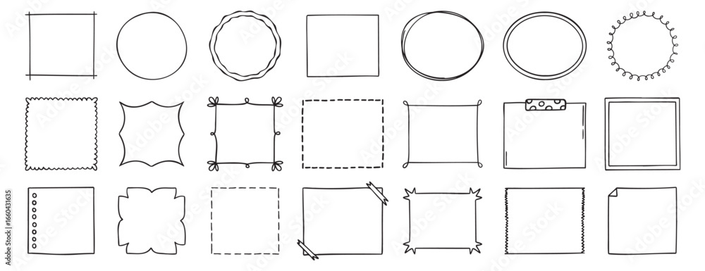 Poster doodle thin line frame border set. abstract empty line shapes hand drawn style frames.