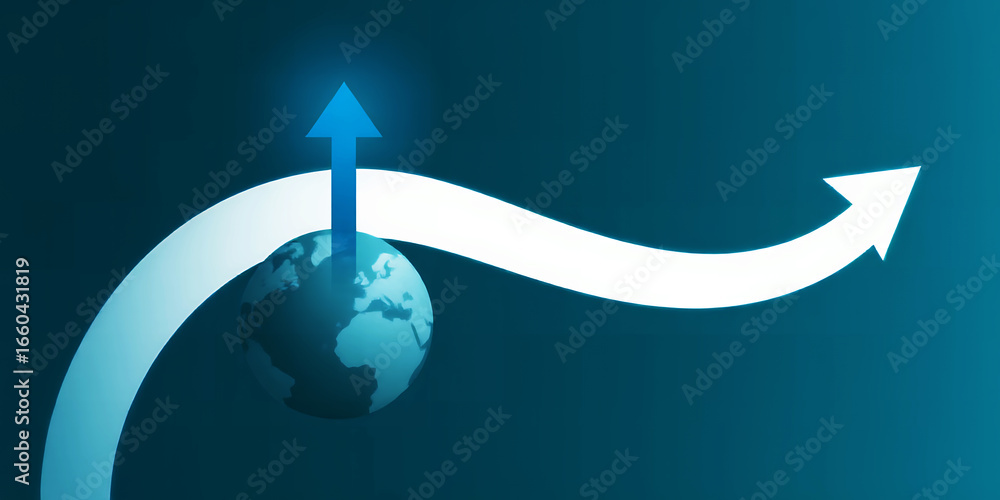 Poster globe with arrows pointing upwards and to the right on a gradient blue background