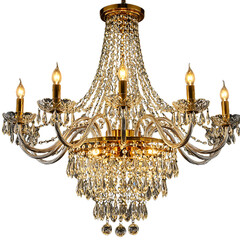 A luxurious crystal chandelier with multiple lights and gold accents on transparent background