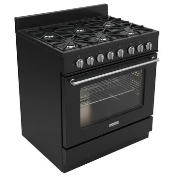 Modern black gas range with oven and six burners on a black background