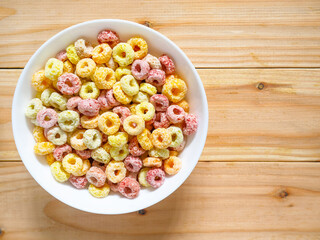Colorful fruity breakfast cereal in a bowl