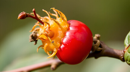 Closeup shot of a shriveled rosehip berry on a branch