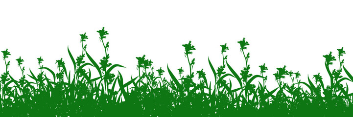 Green grass and flower silhouette border vector isolated on white background, perfect for spring, garden, nature, landscape, and decorative design projects. Minimal floral pattern art. Elegant natural