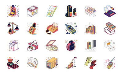 Obraz premium Colorful Vector Illustration Set of Modern and Retro Technology Gadgets – 3D Printer, Battery, Calculator, Gas Station, Microchip, Gaming Console, Weighing Scale, Rotary Phone, Fax Machine, Handheld G
