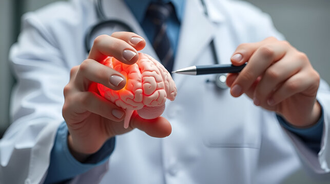 doctor is pointing pen anatomical model human brain. Help and care concept