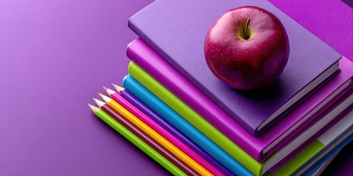 Stack of books with apple and pencils - Powered by Adobe