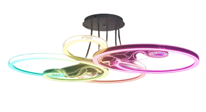 A colorful neon light fixture with multiple loops and a modern design on transparent background