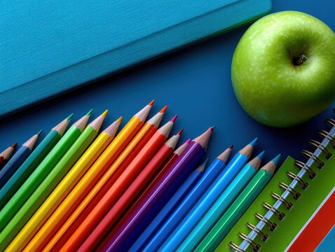School supplies and green apple