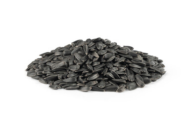 Sunflower seeds pile isolated, black oil sun flower grains group with shell, fresh edible oil seeds...