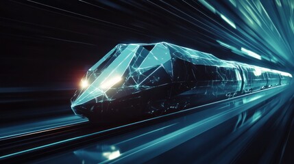 Futuristic train speeds through digital tunnel, showcasing high-speed transport