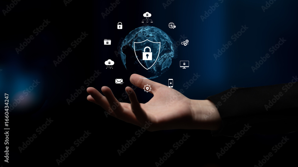 Poster cyber security protects against breaches, hacks, and network attacks using strong infrastructure and