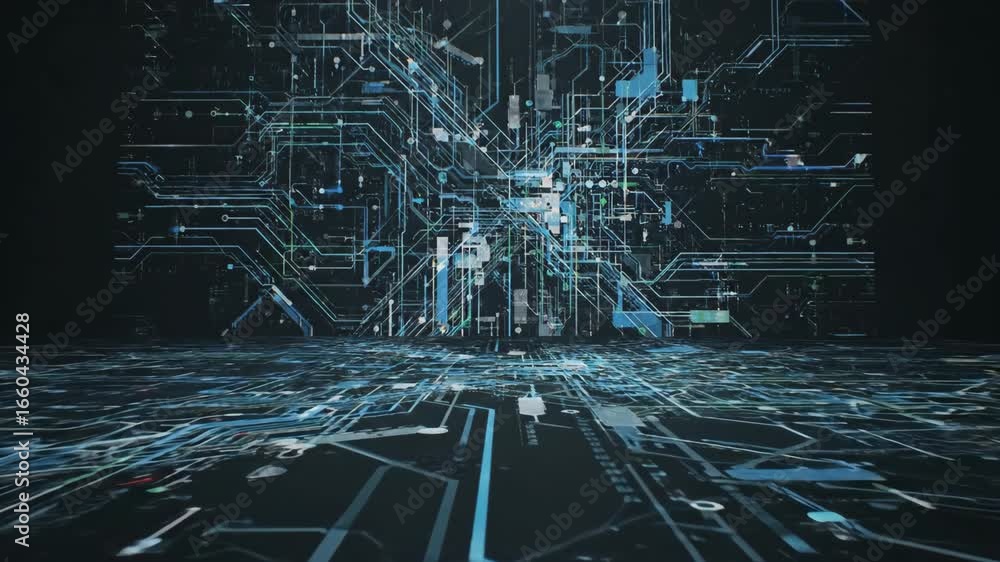 Aufkleber abstract digital circuitry floor - a futuristic digital floor pattern composed of glowing blue and g
