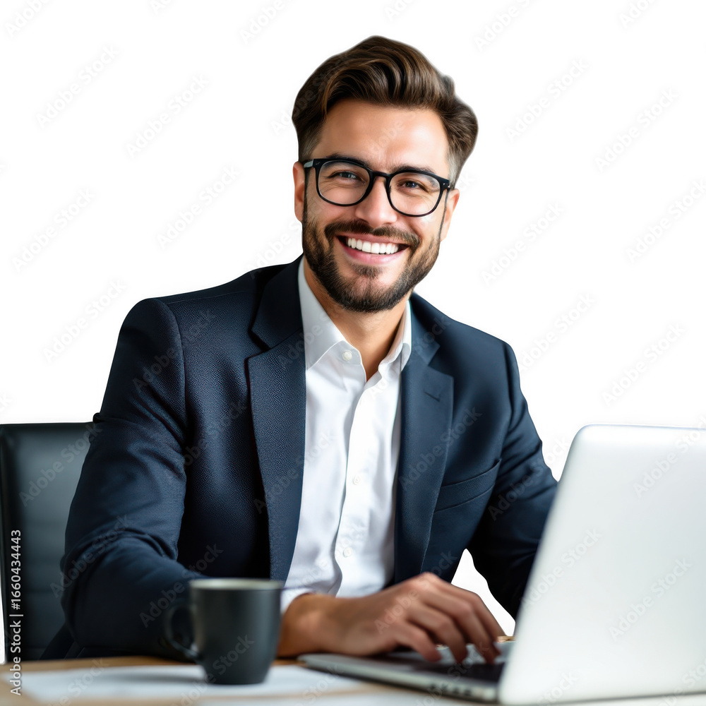 Poster smiling businessman with glasses wearing a suit and tie working on a laptop computer isolated on tra