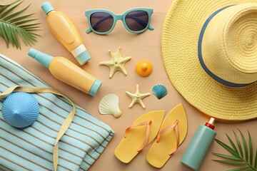 Summer beach essentials laid out for a perfect day