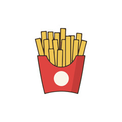 Cartoon illustration of french fries in a red container with a white circle, isolated on a white background.