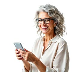 Smiling mature woman with gray hair and glasses holding a smartphone and texting isolated on transparent background