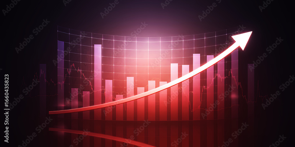 Poster a red arrow pointing upwards over a bar graph on a grid against a dark background