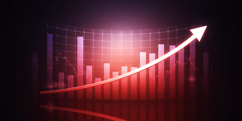 A red arrow pointing upwards over a bar graph on a grid against a dark background