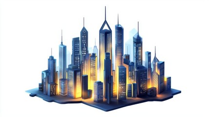 Naklejka premium A stunning digital illustration of a modern skyline at dusk, featuring glowing skyscrapers and dynamic architecture.