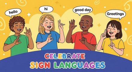 Cartoon smiling characters greeting with hand signs, caption “Celebrate Sign Languages”.