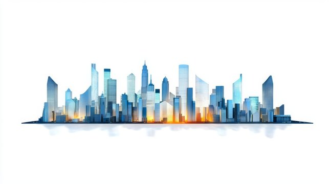 A stunning skyline with modern skyscrapers and vibrant lights reflecting on a serene surface, showcasing city life.