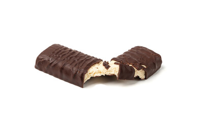 Protein bar isolated, chocolate energy paleo snack, healthy cereal nutrition with nuts, fruits, muesli