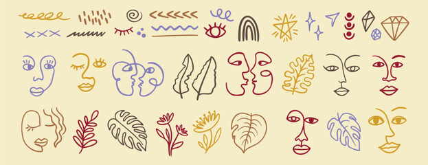 line tribal woman abstract art portrait set. Outline trendy contemporary elements with flowers, shapes, female faces, leaves. modern Ink painting style. aesthetic concept