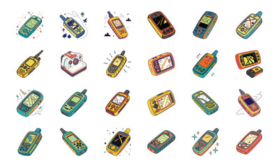 Colorful Vector Illustration Set of Modern and Retro Technology Gadgets – 3D Printer, Battery, Calculator, Gas Station, Microchip, Gaming Console, Weighing Scale, Rotary Phone, Fax Machine, Handheld G