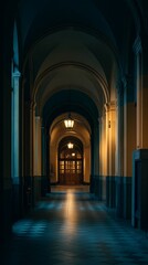 Fototapeta premium Mysterious architectural corridor with arched ceilings and warm lighting, leading to an ornate wooden door at the end, creating a sense of depth and intrigue in a historic building