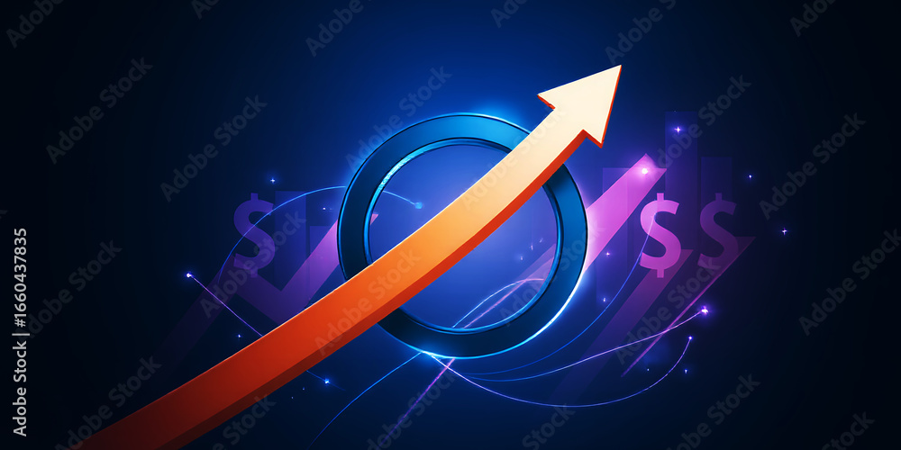 Poster an upward trending arrow passing through a circle with dollar signs in the background