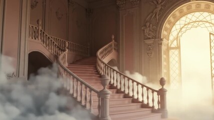 Elegant curved staircase in soft light with atmospheric smoke indoors architecture - Powered by Adobe