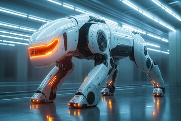Dog robot on the mirror surface of an abstract geometric structure in a high-tech style, surrounded by blue light strips. Hyper quality, bright background, advertising photography