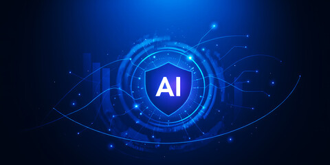 A shield with ai inside a stylized eye with glowing lines on a dark blue background