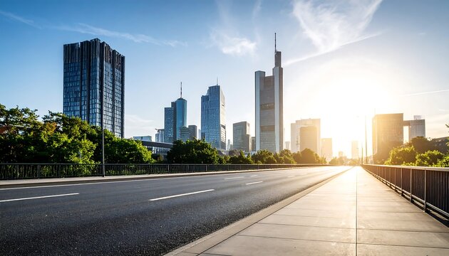 Empty city roadway stretches toward modern high-rise buildings under a bright, sunny sky.