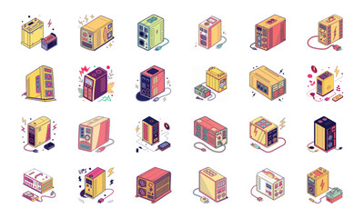 Colorful Vector Illustration Set of Modern and Retro Technology Gadgets – 3D Printer, Battery, Calculator, Gas Station, Microchip, Gaming Console, Weighing Scale, Rotary Phone, Fax Machine, Handheld G