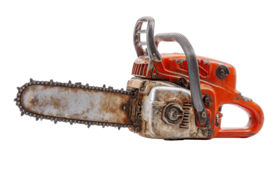 A rusty orange chainsaw, angled, with a visible chain and metal parts.  Distressed, aged look