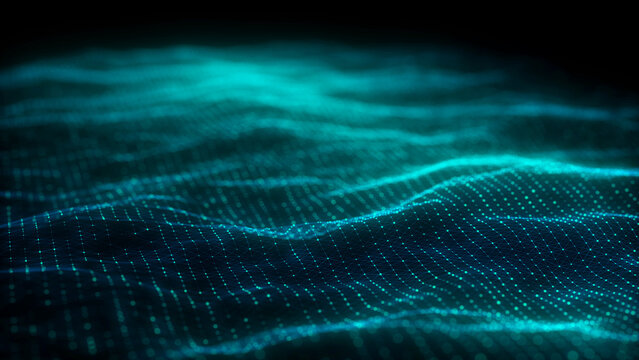 Music color wave of particles and lines. Big data visualization. Abstract blue background with a dynamic wave. 3d rendering.