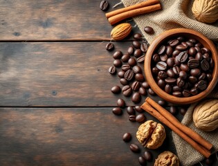 Rich coffee beans and cinnamon sticks with walnuts on rustic wooden background
