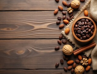 A rustic wooden table display of roasted coffee beans nuts and spices