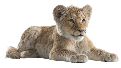 Obraz premium A curious lion cub rests, gazing attentively. It has soft fur, gentle eyes, & alert pose