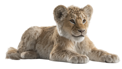 A curious lion cub rests, gazing attentively. It has soft fur, gentle eyes, & alert pose