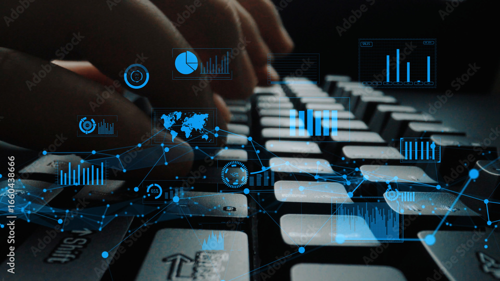 Poster a close-up shot of hands typing on a keyboard, surrounded by digital data visuals like charts and gr