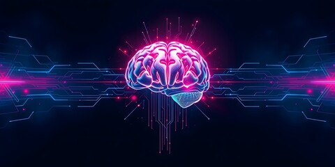 Artificial intelligence brain and circuit board background, glowing brain with subtle neon glow
