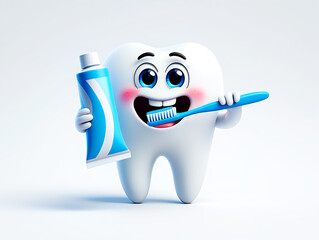 Happy cartoon tooth brushing with toothpaste and toothbrush image